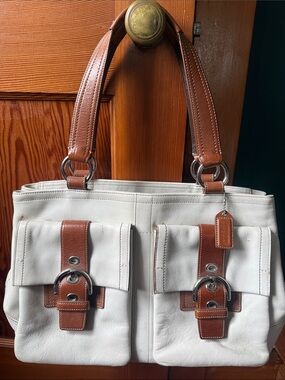 Coach Leather - White Tote Handbag with Brown Accents and buckles